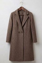 Harper structured long-line winter overcoat with deep notched lapels and tailored fit