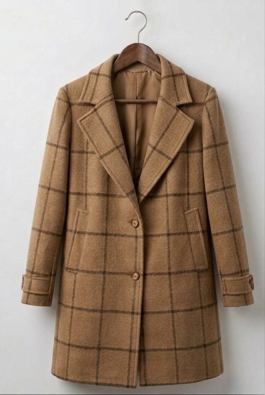 Judith heritage tweed long-line coat with notch lapel and tailored waist in a classic check