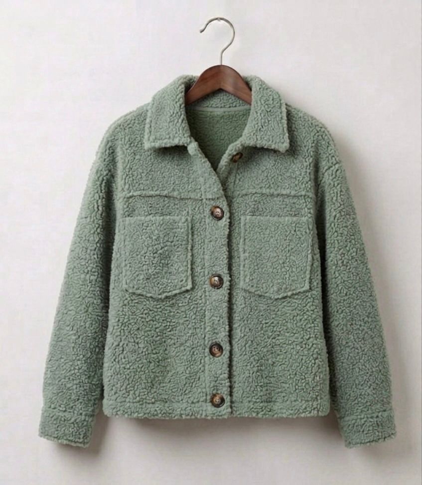 Luna plush teddy jacket with classic collar, front pockets and tortoiseshell-effect buttons