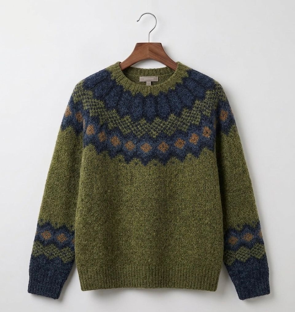 Green heritage Nordic knit jumper with patterned design and ribbed cuffs