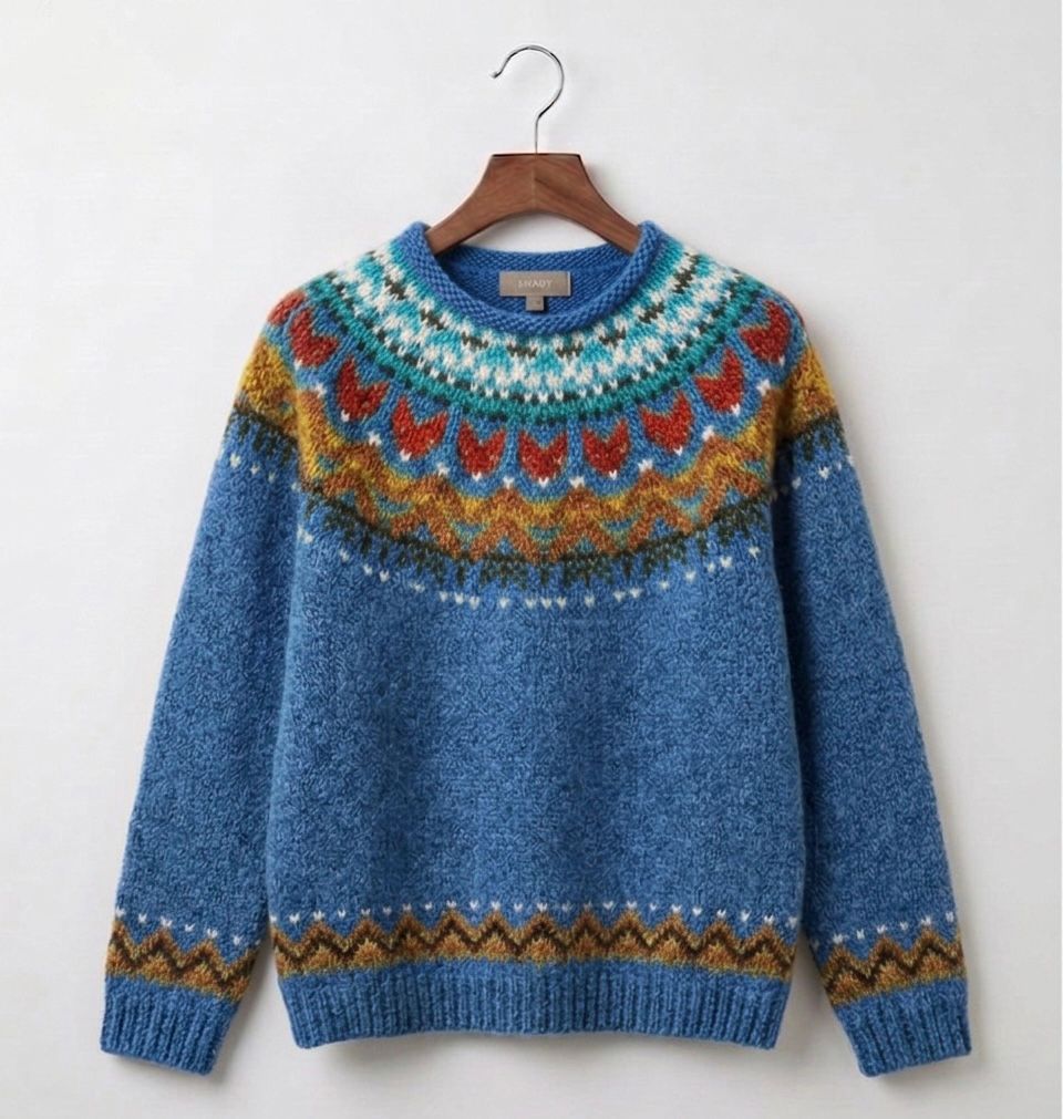 Blue vintage-inspired Nordic knit jumper with a relaxed drape and ribbed cuffs