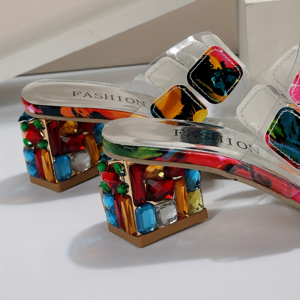 Seraya rhinestone block heel sandals worn