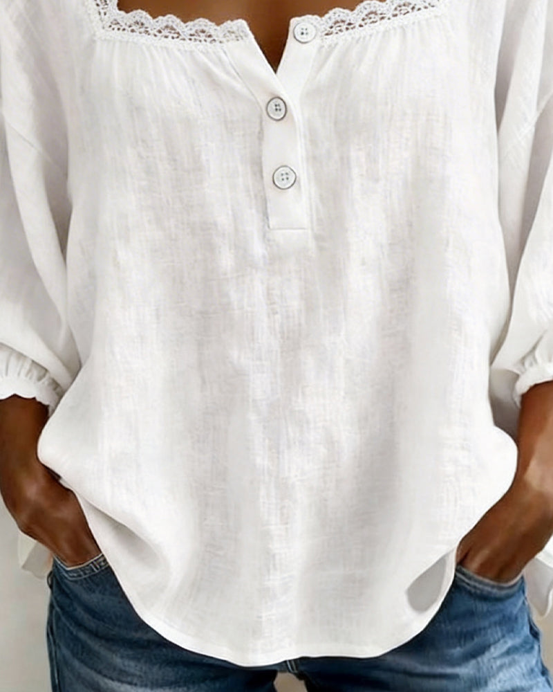 Cheryl lace blouse with puff sleeves shown in white, blue and pink