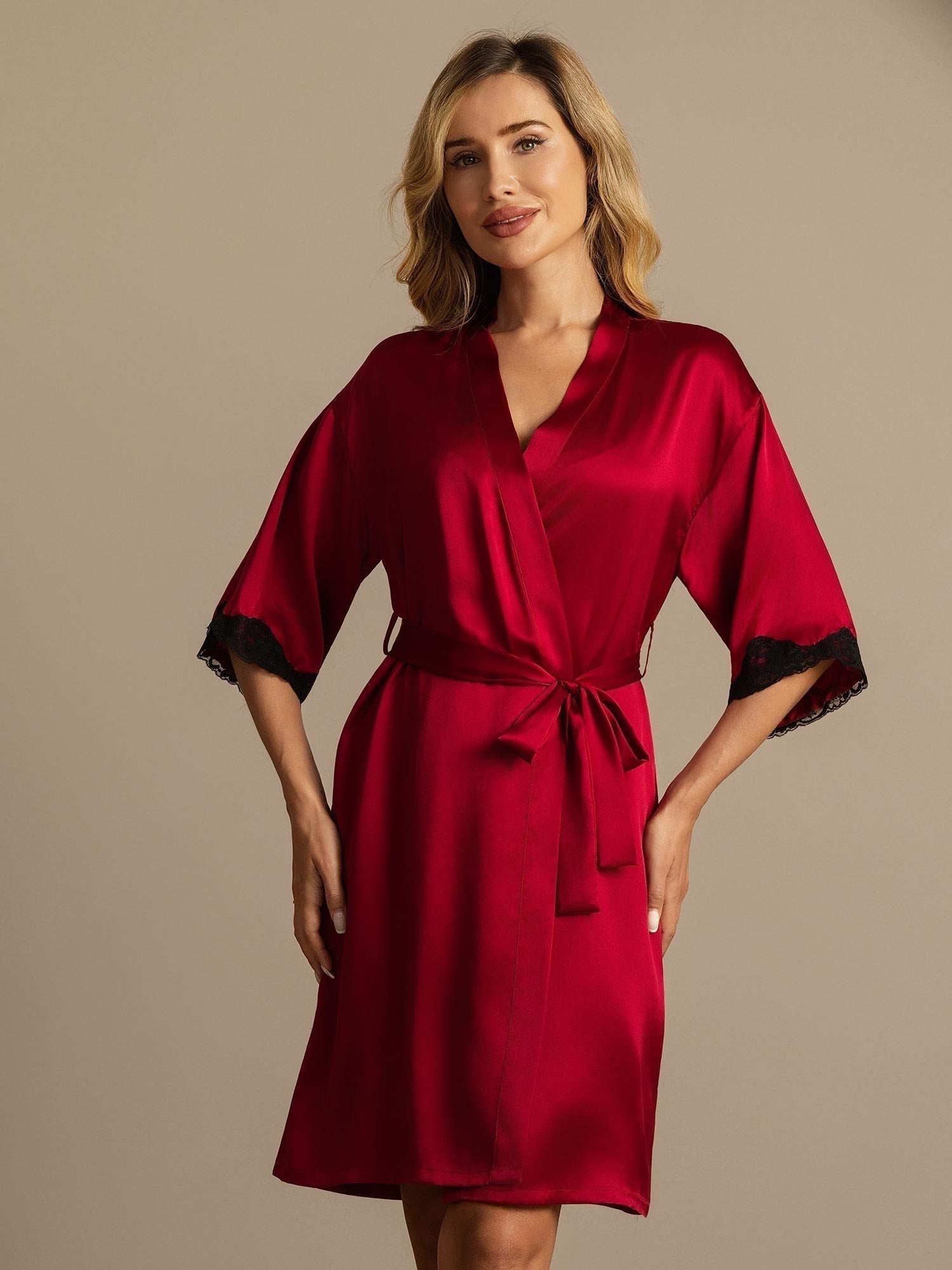 Lola pure mulberry silk dressing gown shown in wine red, black, dark blue and mauve grey