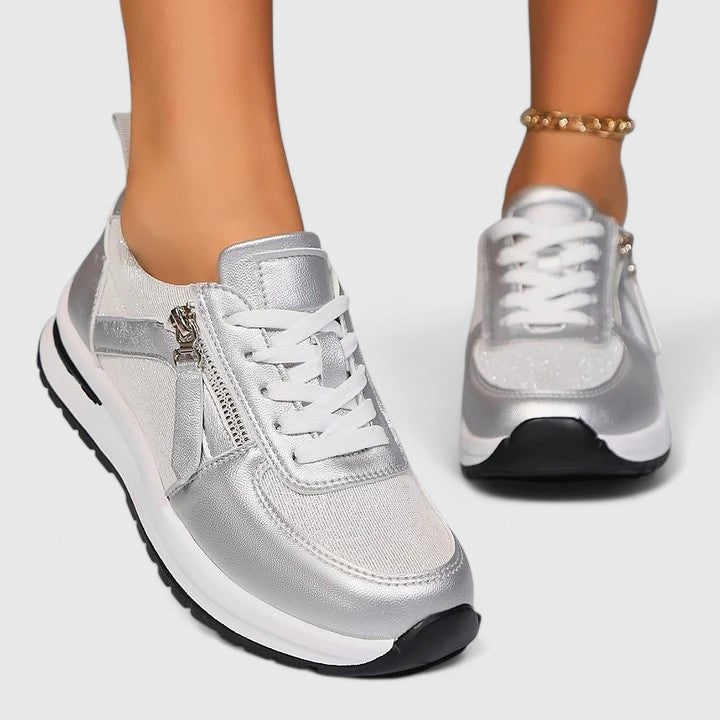 Florayne elegant zip shoes with cushioned sole, shown in silver, gold, black and brown