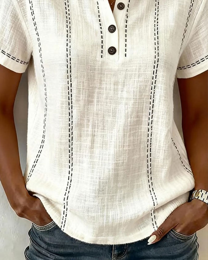 Linda casual button v-neck tee shown in white, blue and pink