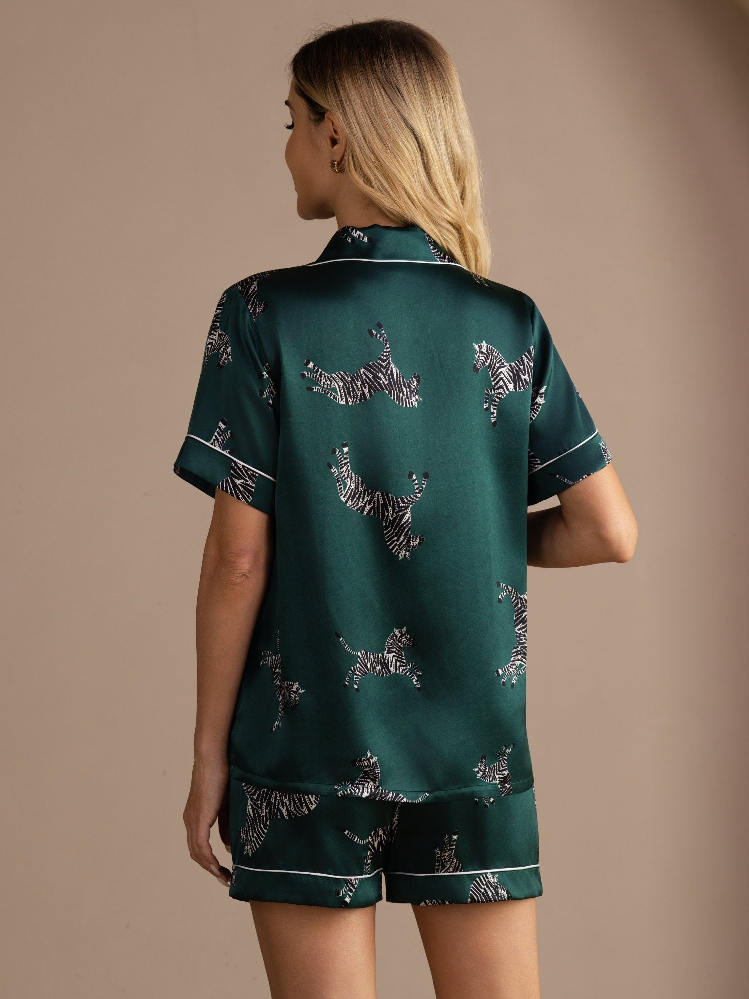 Mara embroidered pure silk pyjama set in emerald zebra print