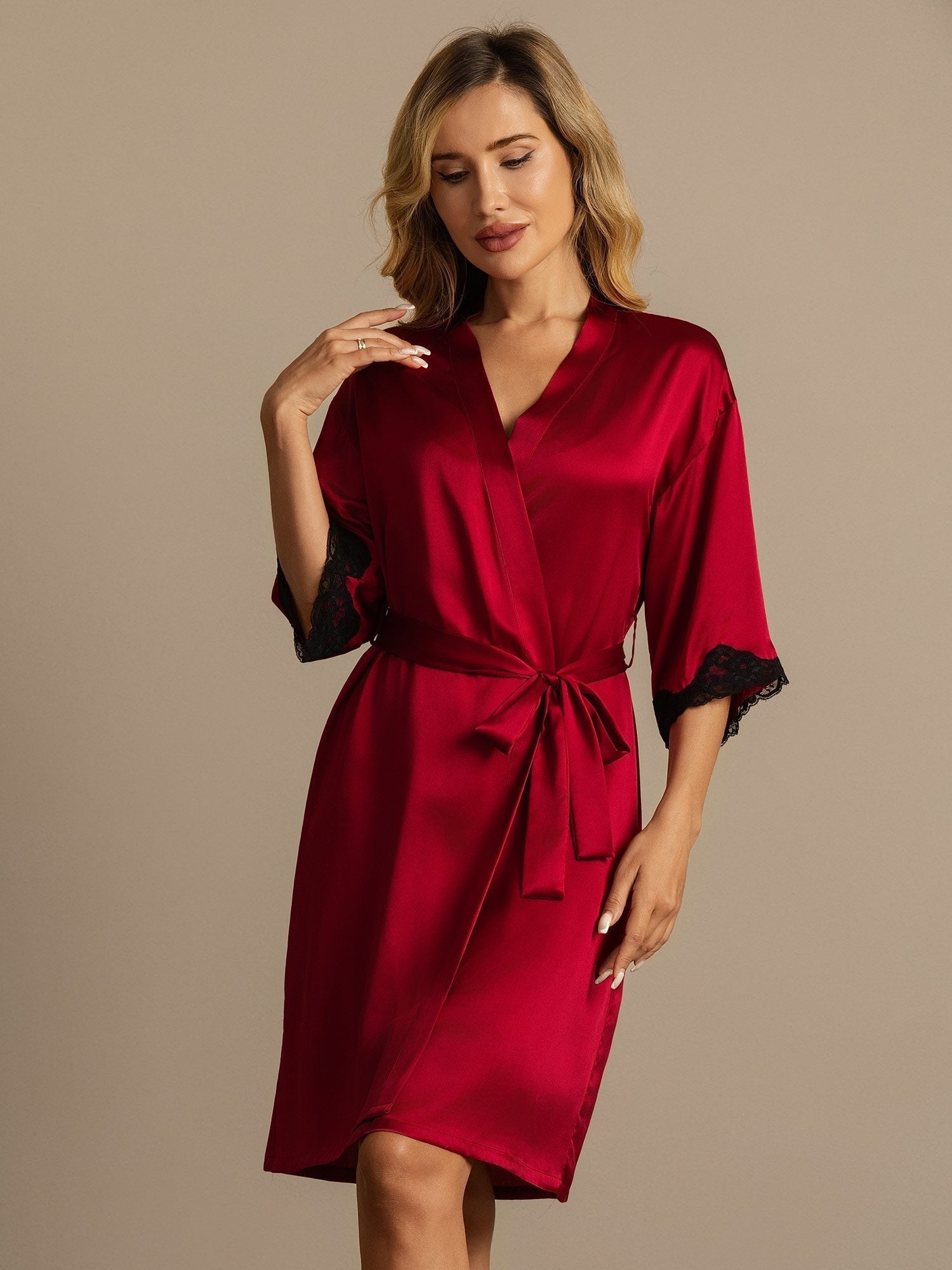 Lola pure mulberry silk dressing gown shown in wine red, black, dark blue and mauve grey