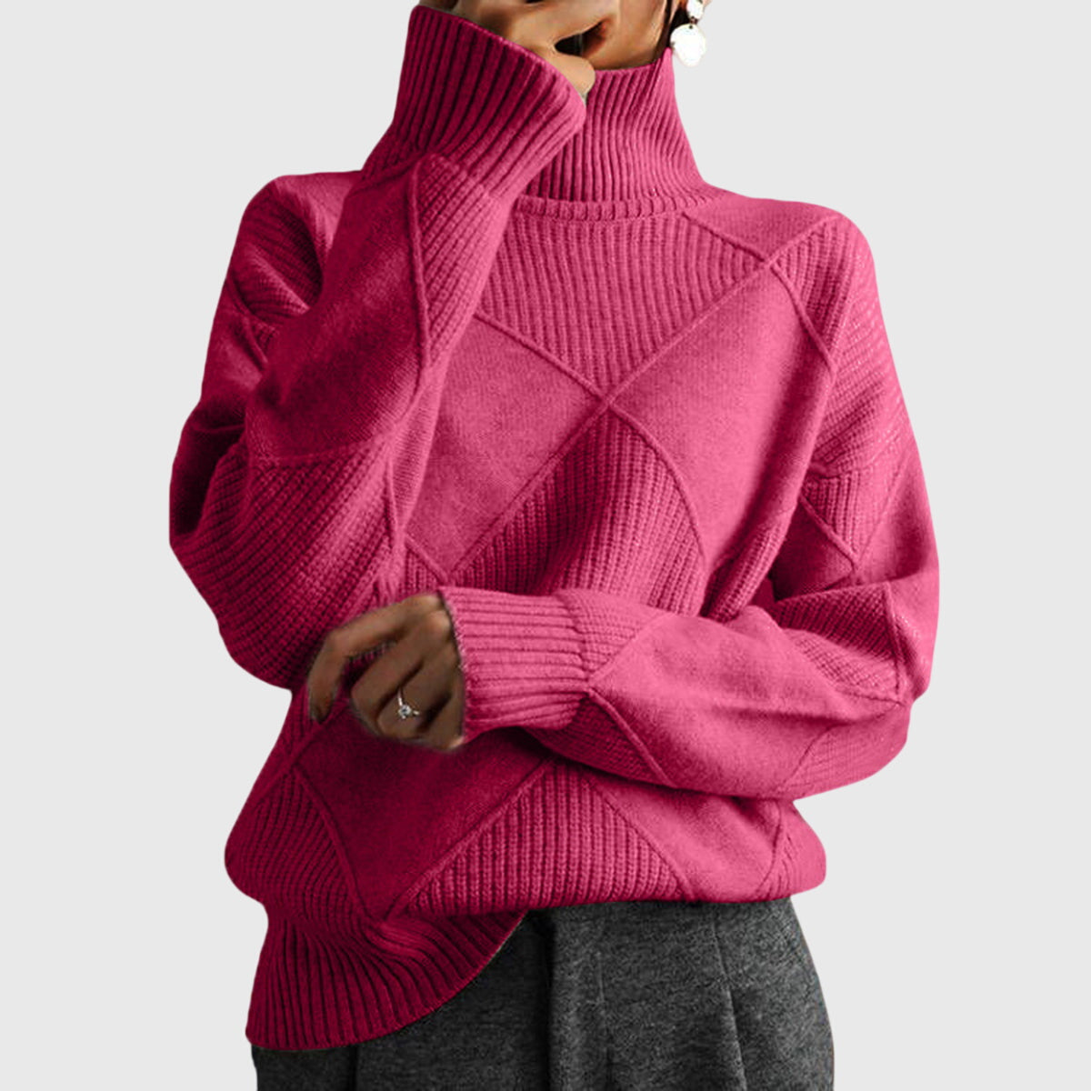 Angela relaxed-fit turtleneck jumper with subtle geometric knit pattern and ribbed cuffs