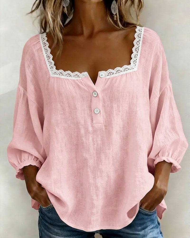 Cheryl lace blouse with puff sleeves shown in white, blue and pink