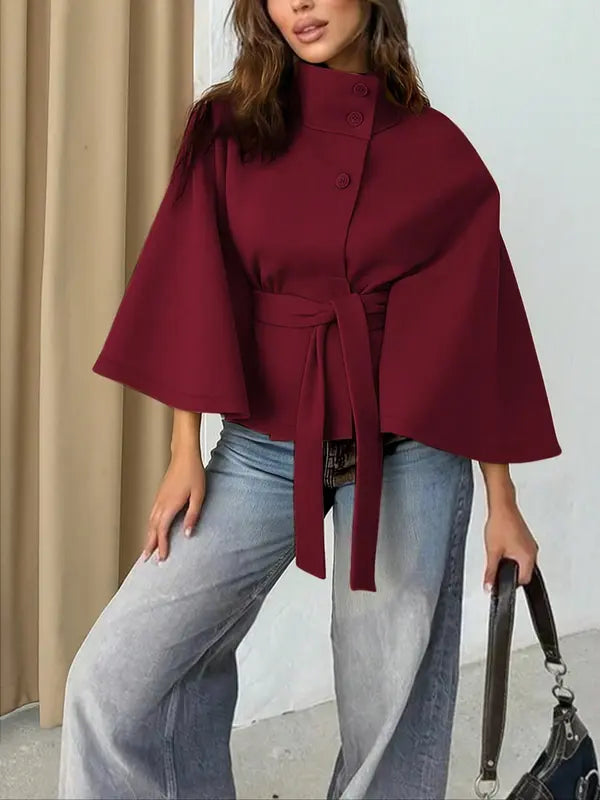 Thelma front buckle belted coat with tailored waist, shown in a neutral tone