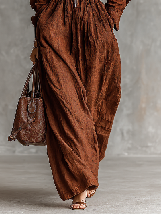 Adele dark brown cotton-linen zip-front jacket with lapel collar