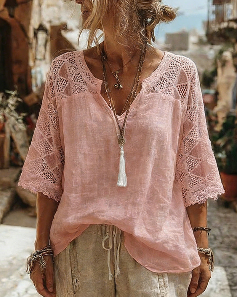 Cynthia v-neck blouse with lace detail, shown in white, blue and pink