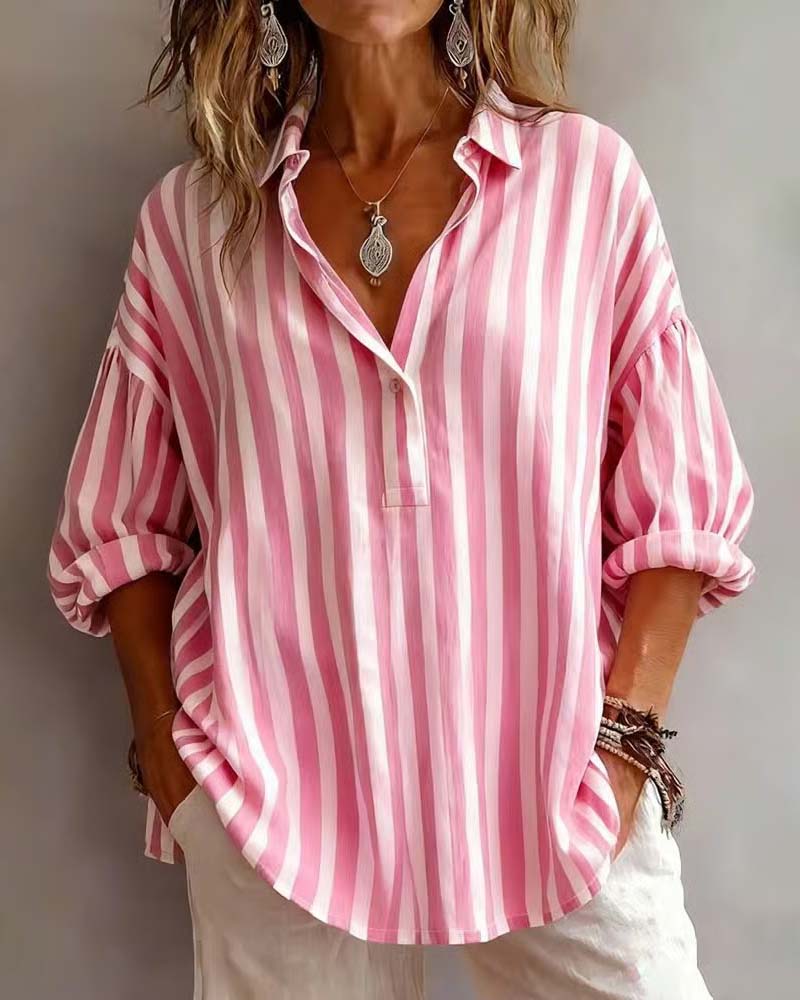 Deborah wide striped collared blouse shown in pink, gray and khaki