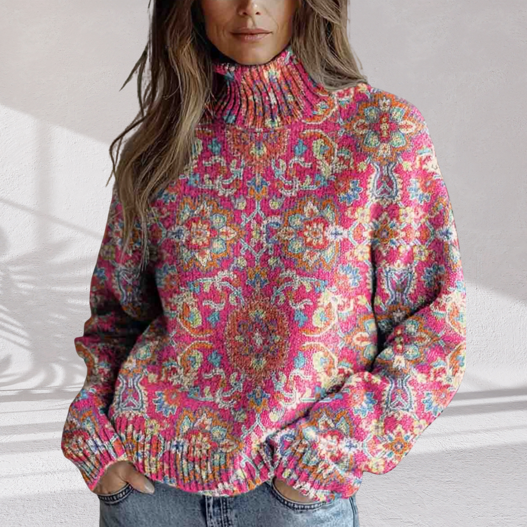 Florence floral knit turtleneck in pink with a cosy soft weave
