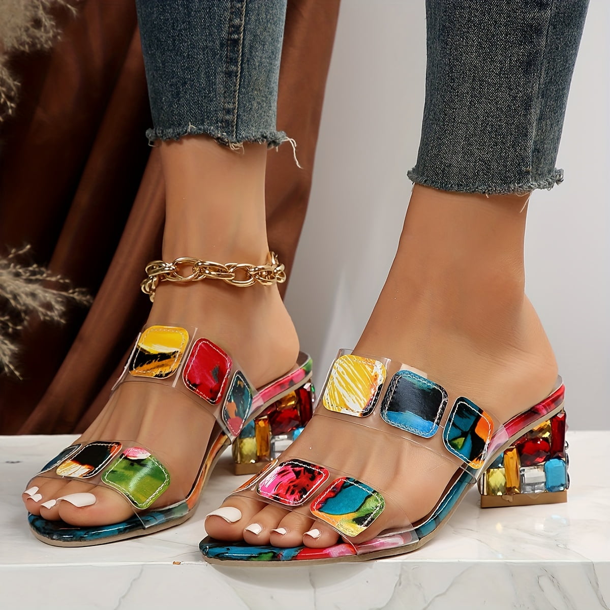 Seraya rhinestone block heel sandals side view