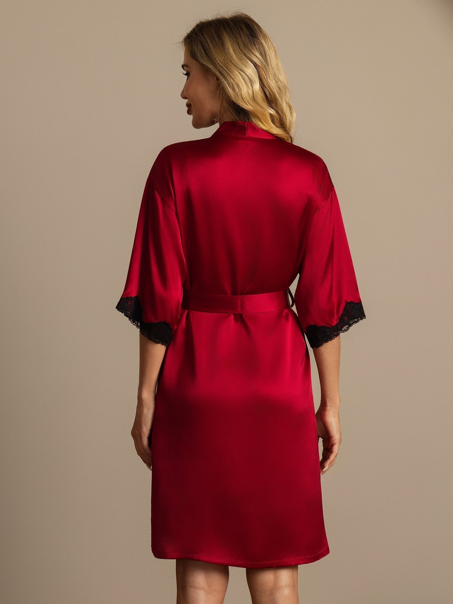 Lola pure mulberry silk dressing gown shown in wine red, black, dark blue and mauve grey