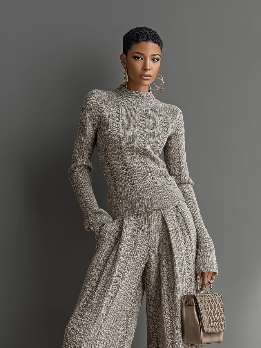 Yvonne taupe textured knit co-ord set styled as a matching two-piece