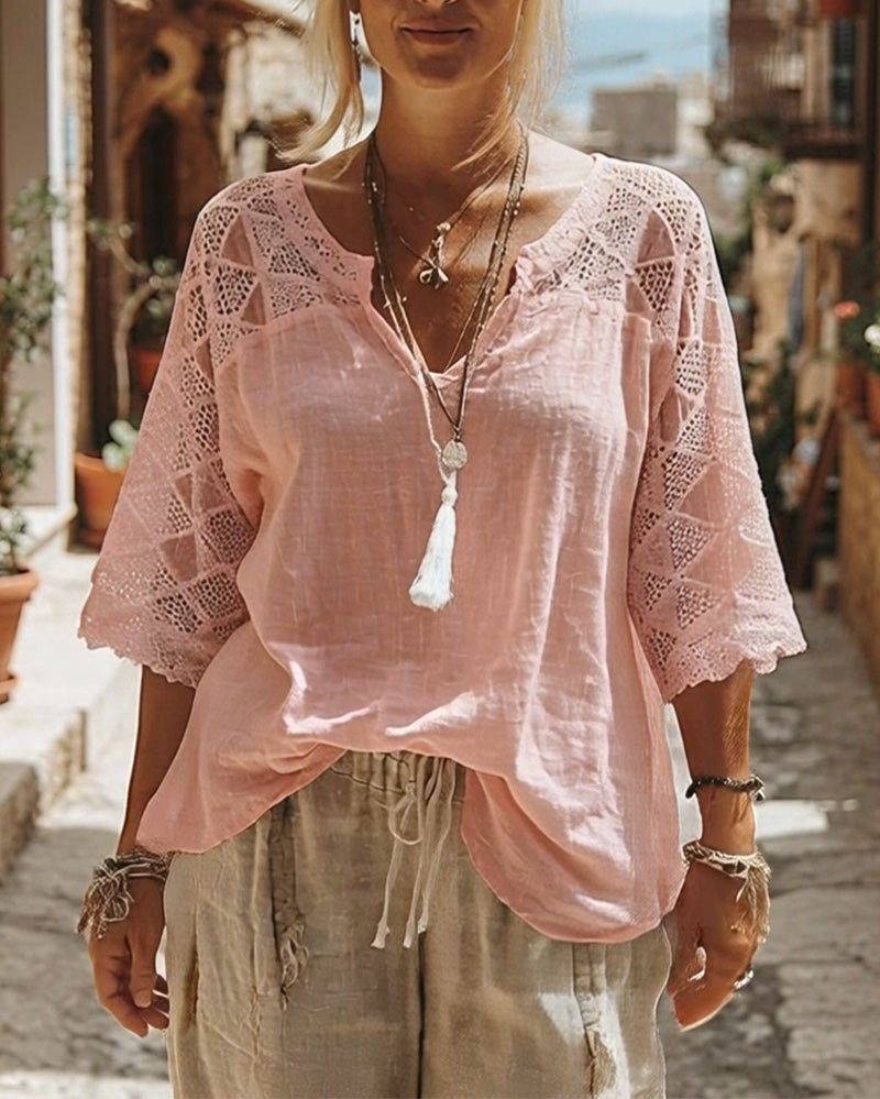 Cynthia v-neck blouse with lace detail, shown in white, blue and pink