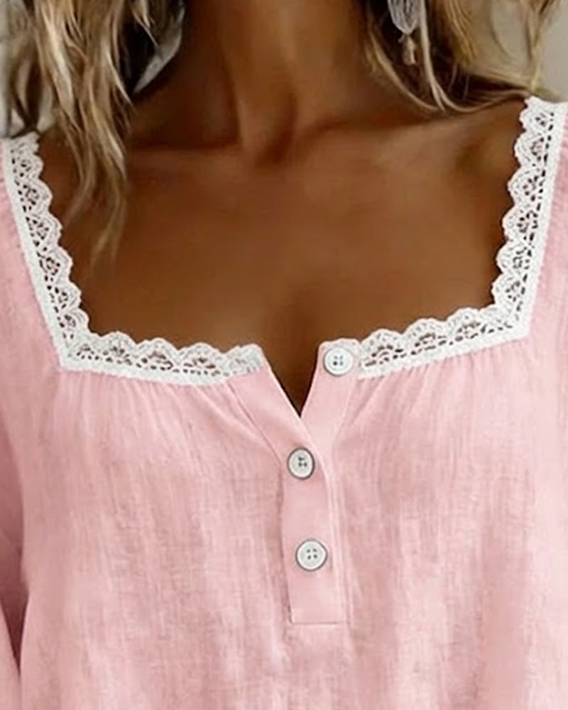 Cheryl lace blouse with puff sleeves shown in white, blue and pink