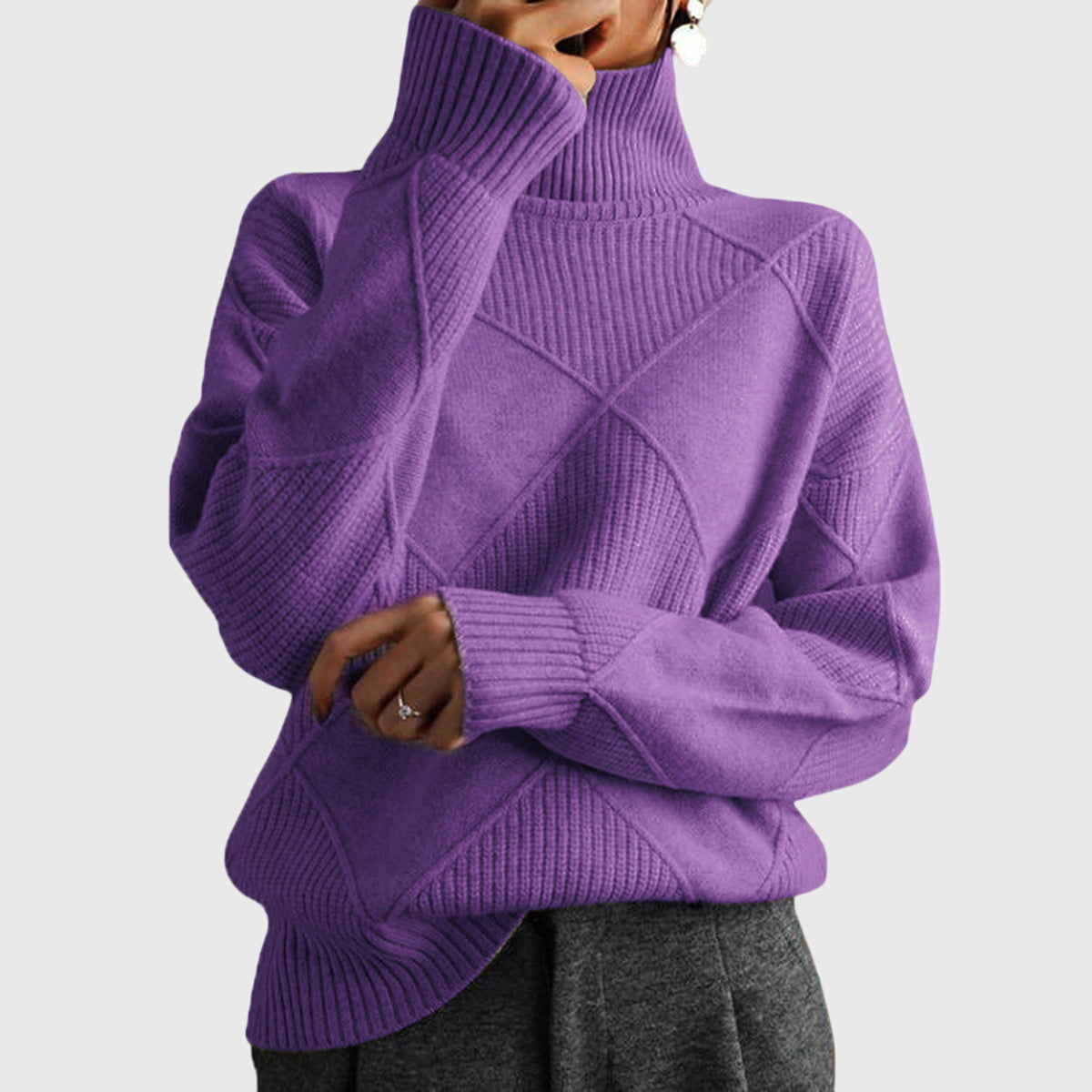 Angela relaxed-fit turtleneck jumper with subtle geometric knit pattern and ribbed cuffs