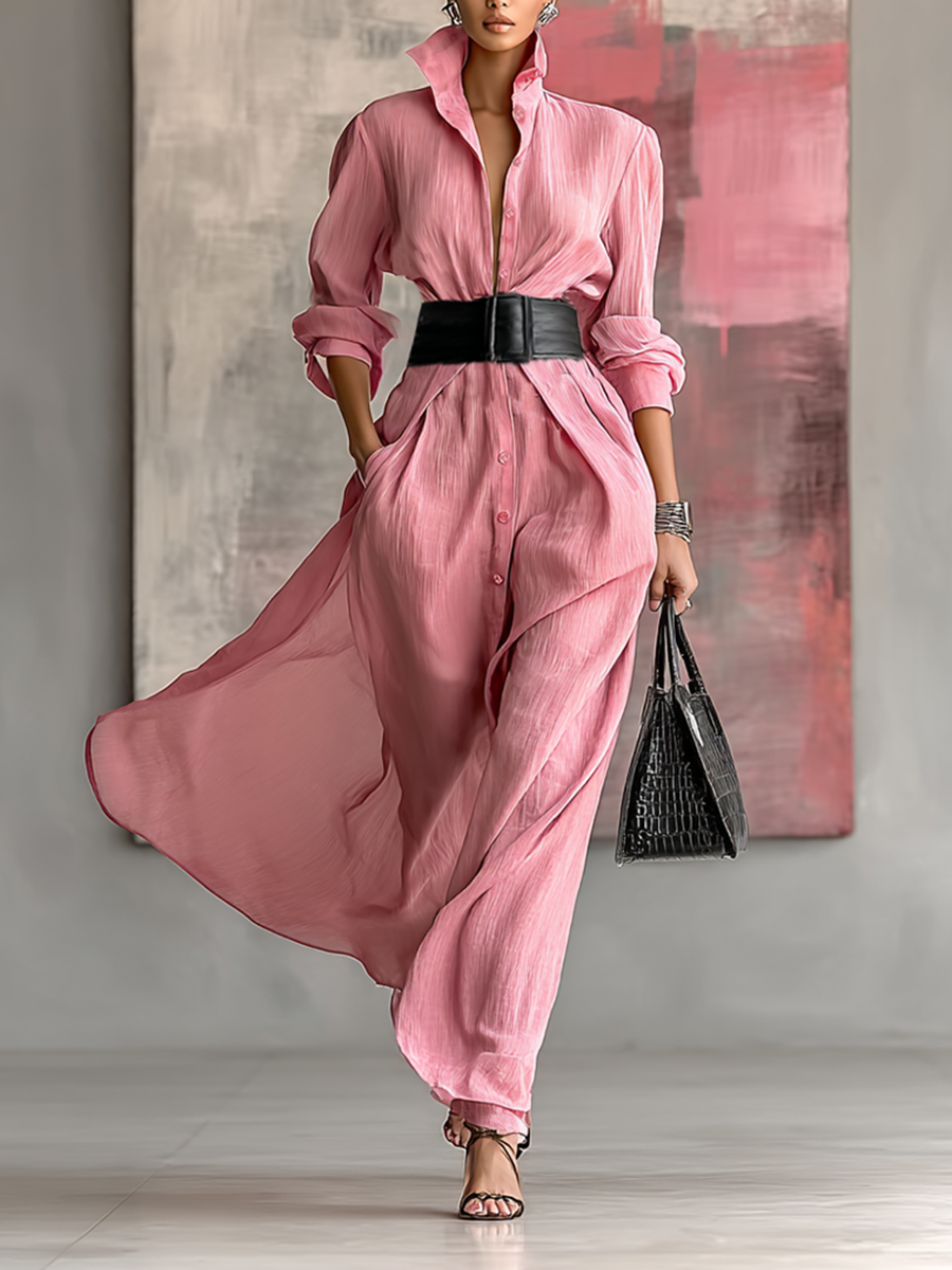 Tilda pink solid colour long dress with a lapel detail and flattering silhouette