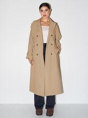 Solana double breasted trench coat shown in mustard yellow, black, khaki, burgundy and beige