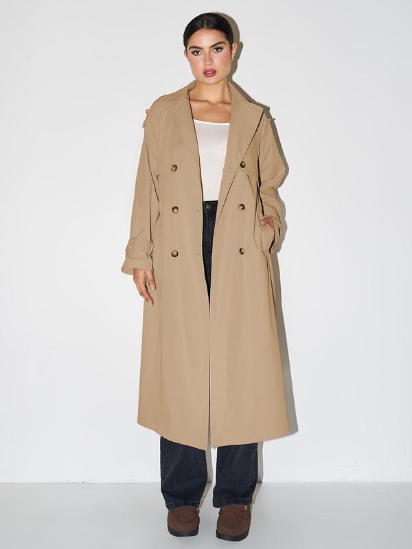 Solana double breasted trench coat shown in mustard yellow, black, khaki, burgundy and beige