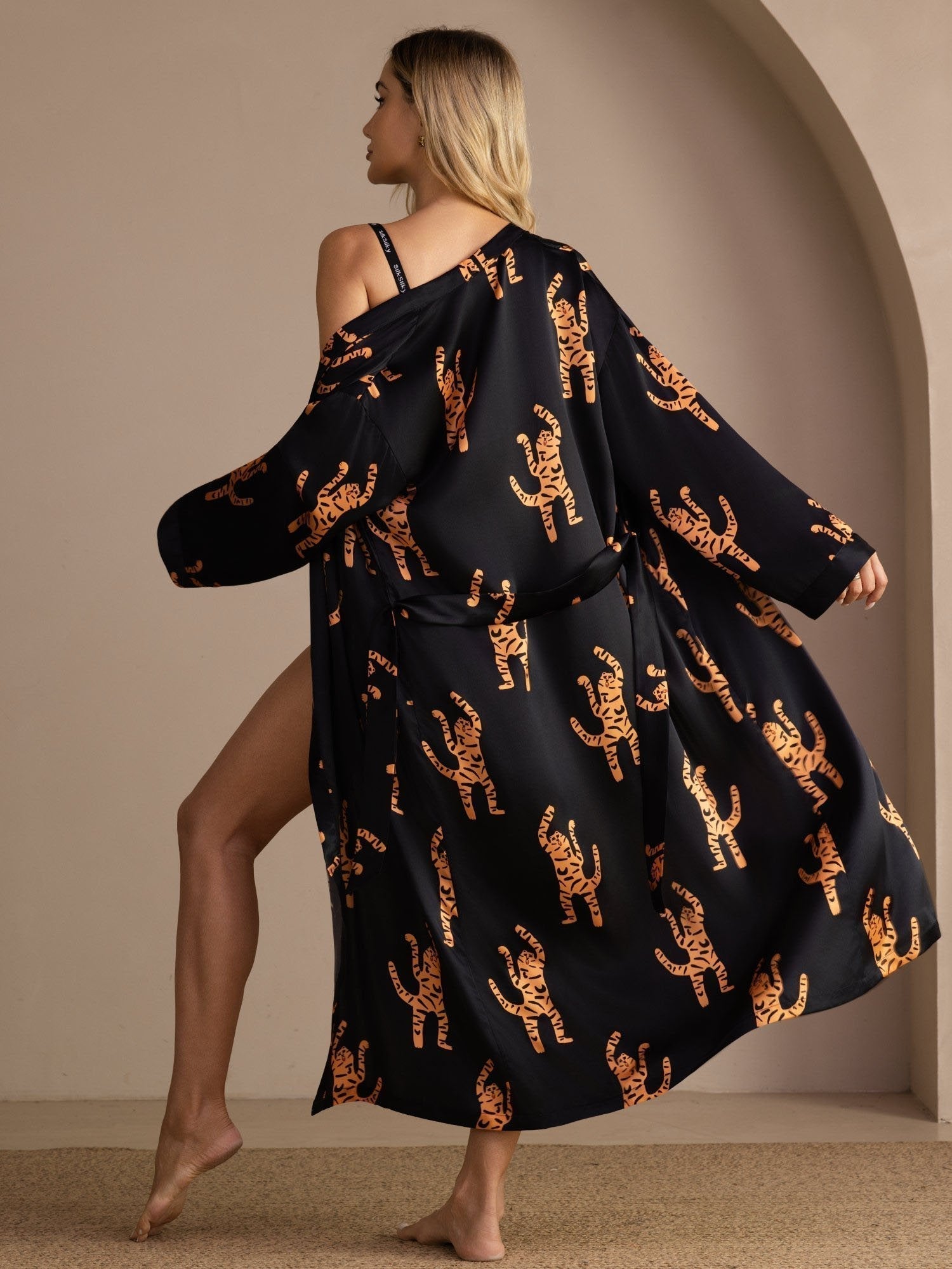 Adelaide black tiger print embroidered pure silk dressing gown for women