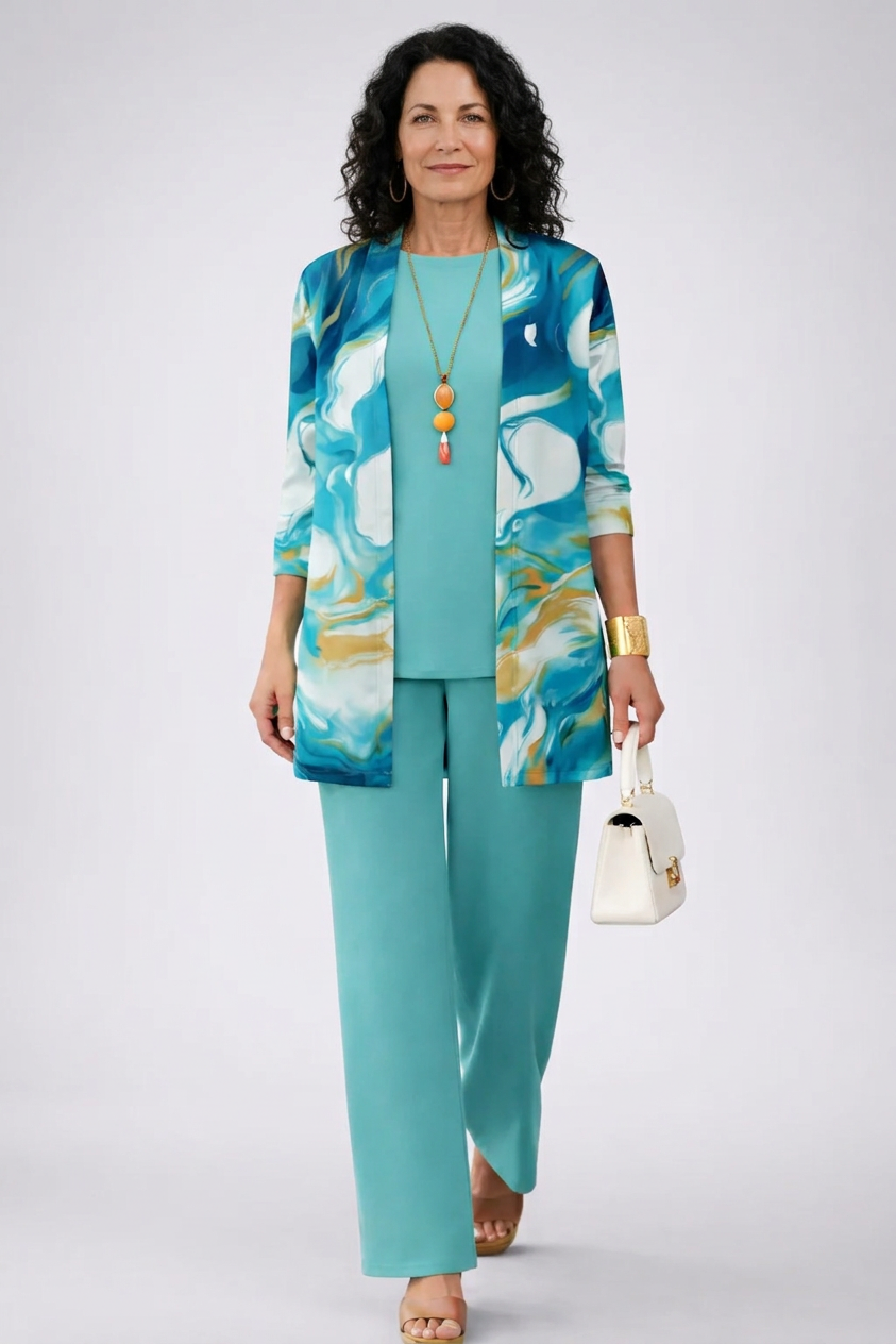 Galena blue coordinated three-piece set styled for an effortless day-to-night look