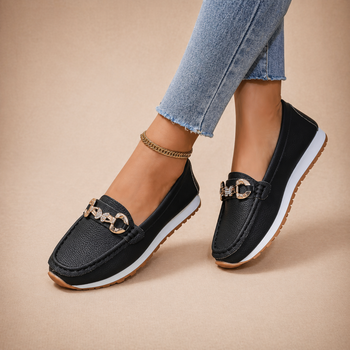 Hannah buckle loafers shown in black, beige and white