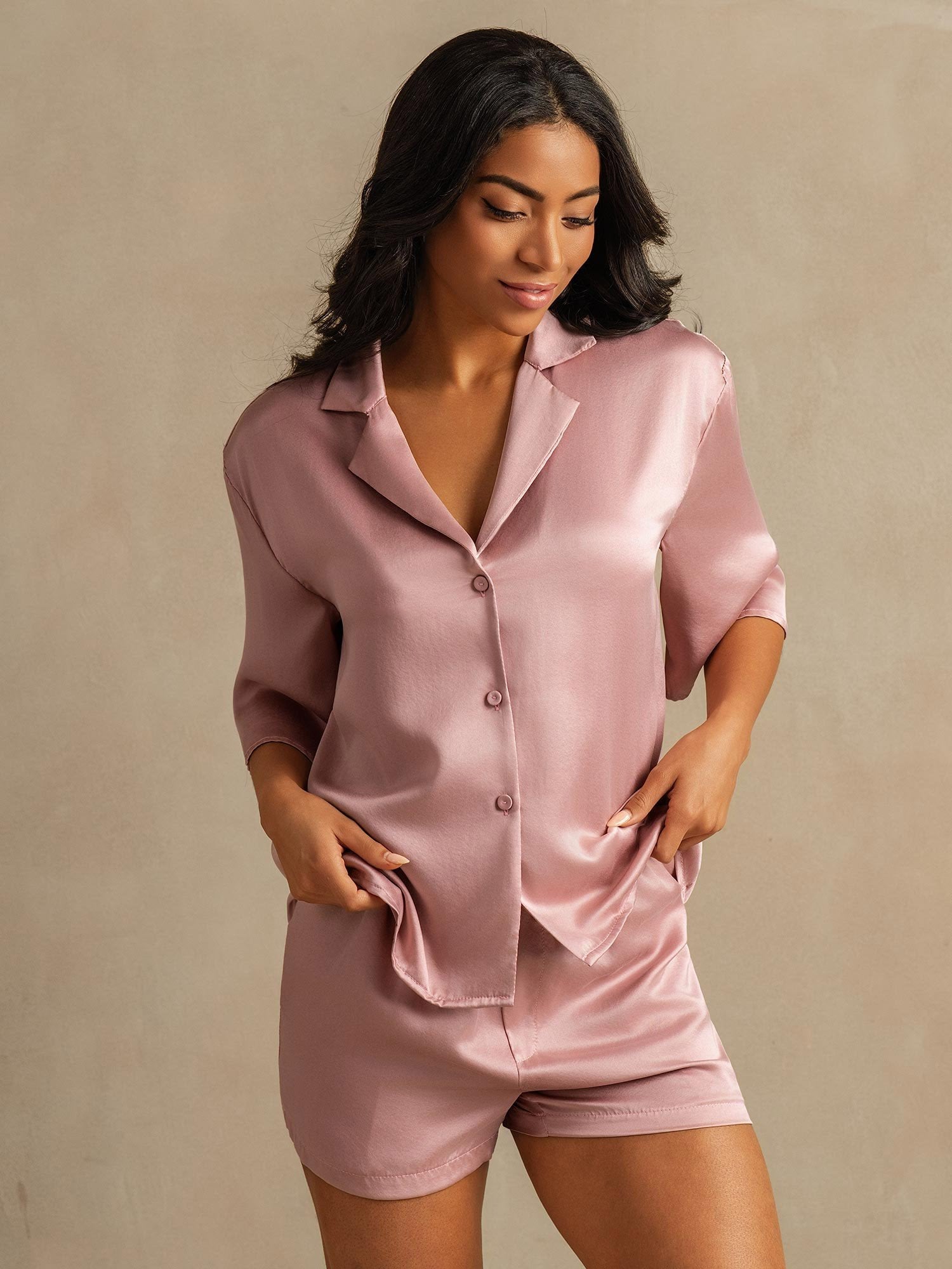 Louise modern pyjama set in pure mulberry silk shown in soft colour options