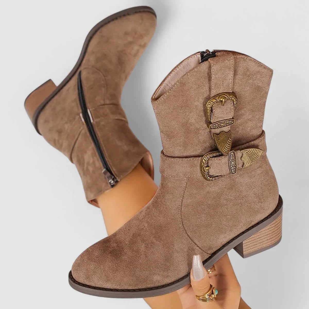 Rosa orthopedic Western boots in soft suede with a supportive block heel and non-slip outsole