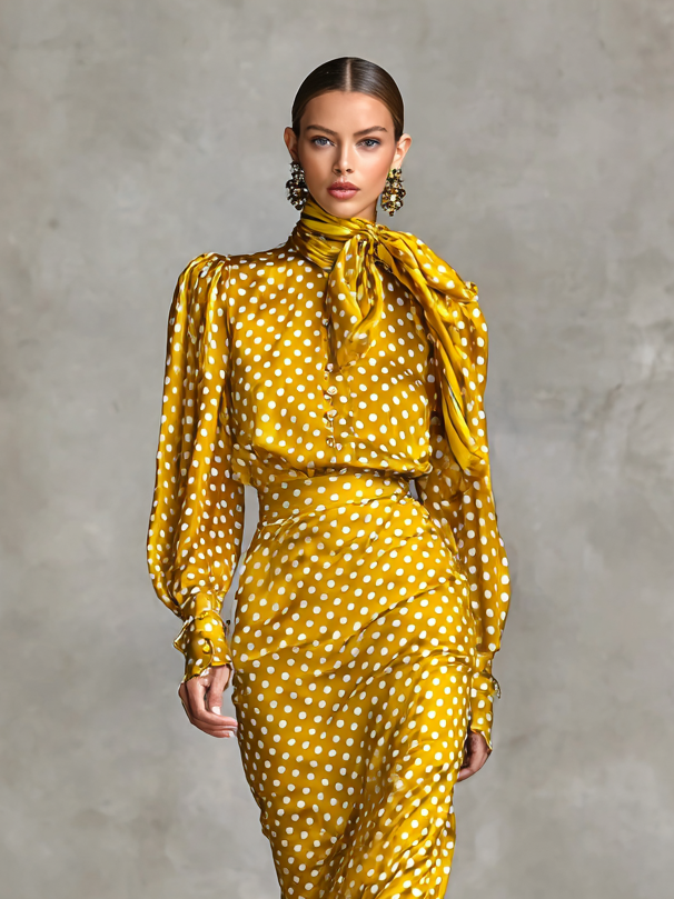 Vivienne vintage-style yellow satin polka dot dress with a flattering silhouette