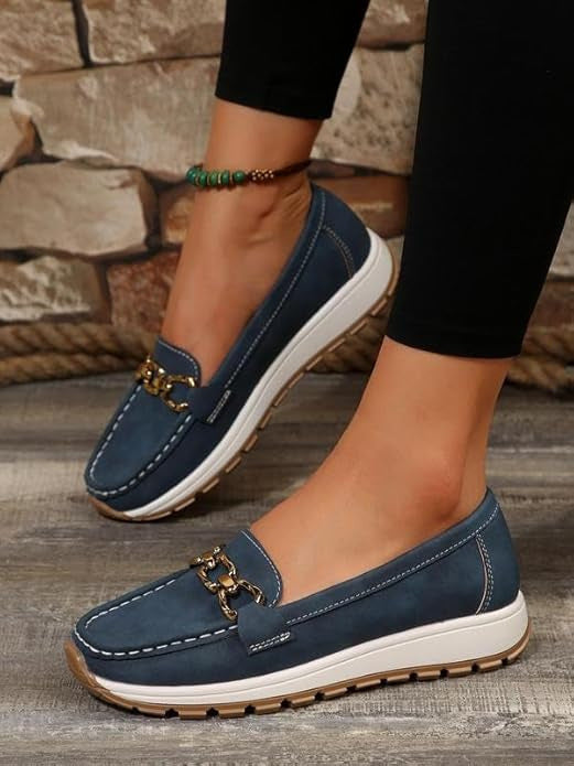 Women's buckle loafers shown in khaki, black, brown and marine blue