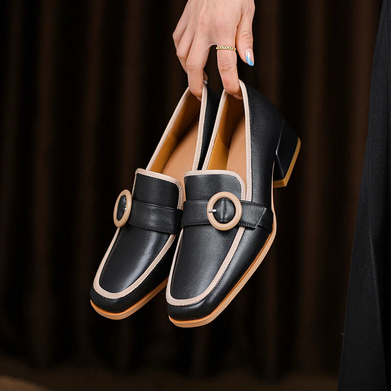 Premium Italian leather slip-on loafers with a low heel in black, white and khaki