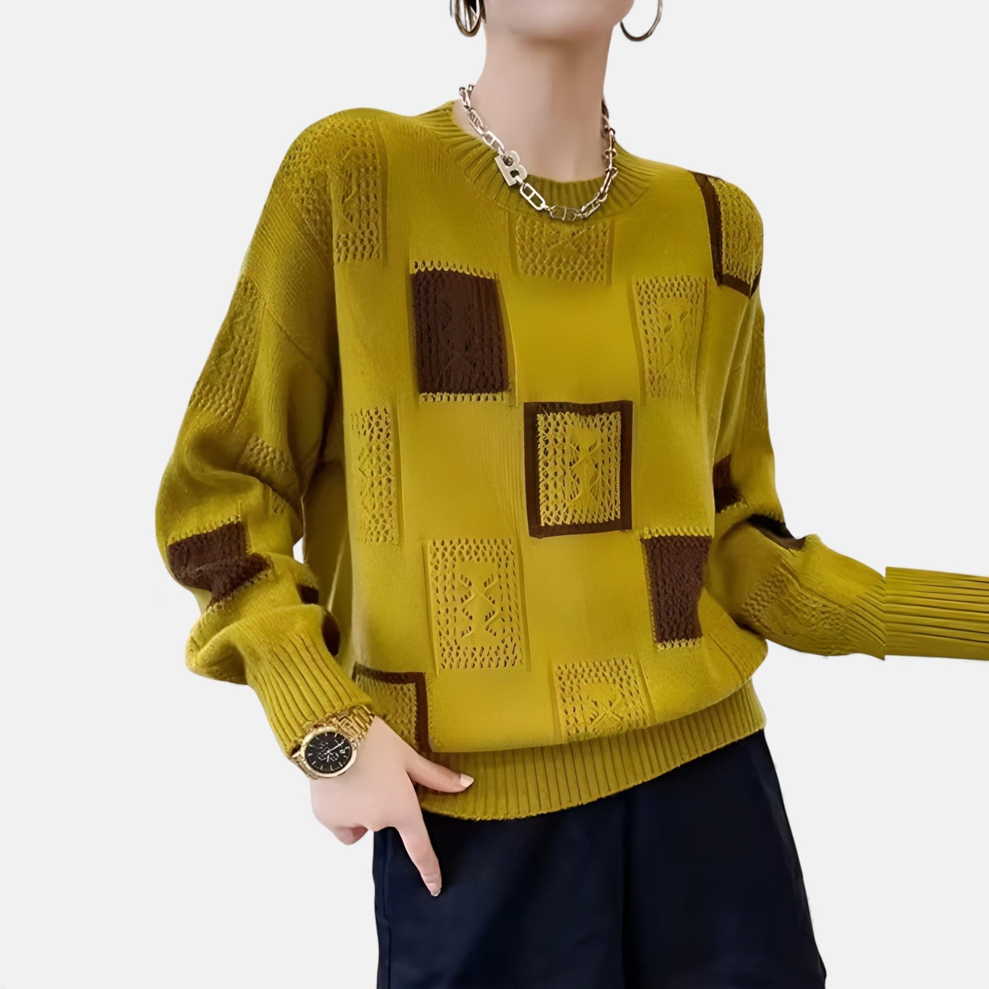 Alica elegant cozy knit sweater shown in white, black and yellow