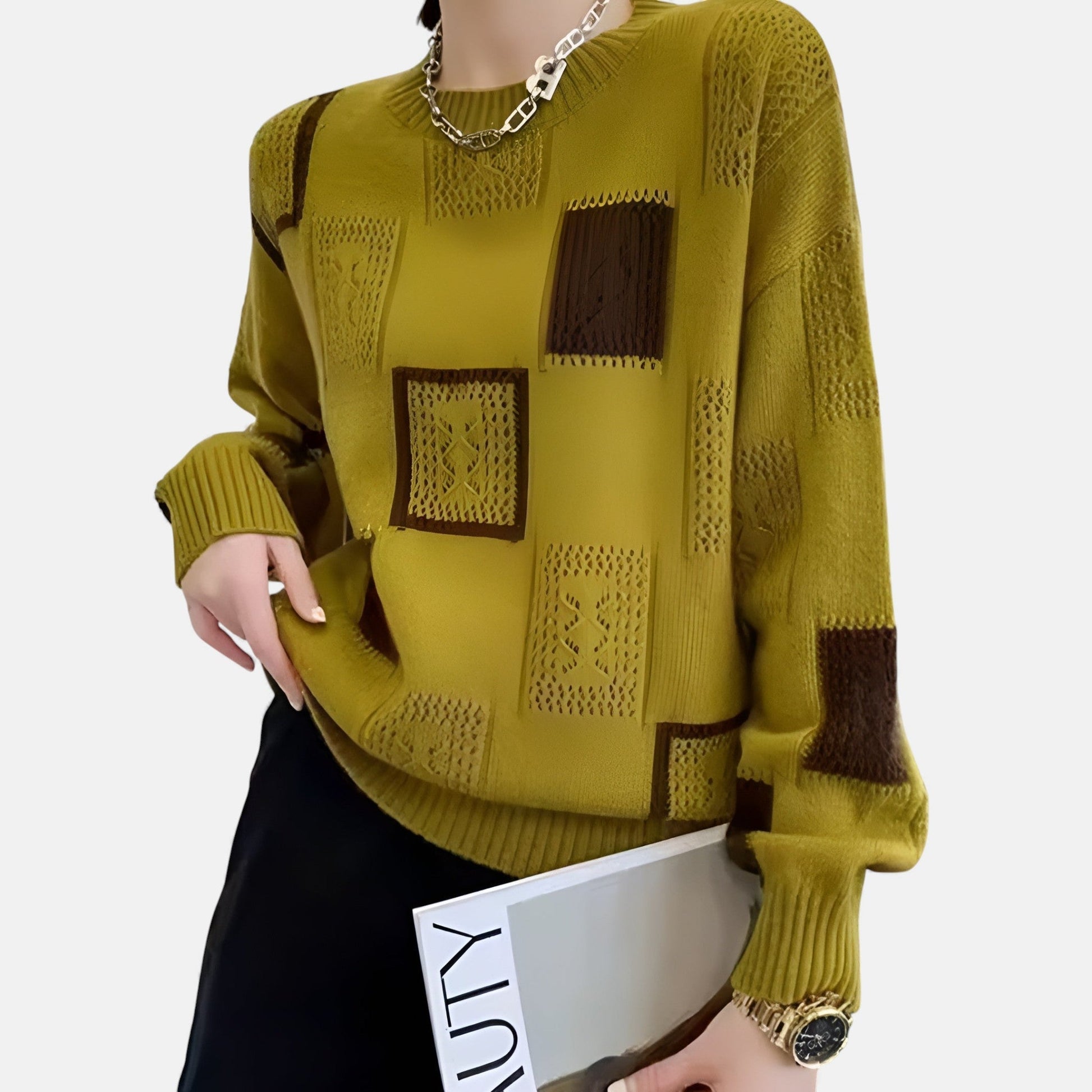 Alica elegant cozy knit sweater shown in white, black and yellow