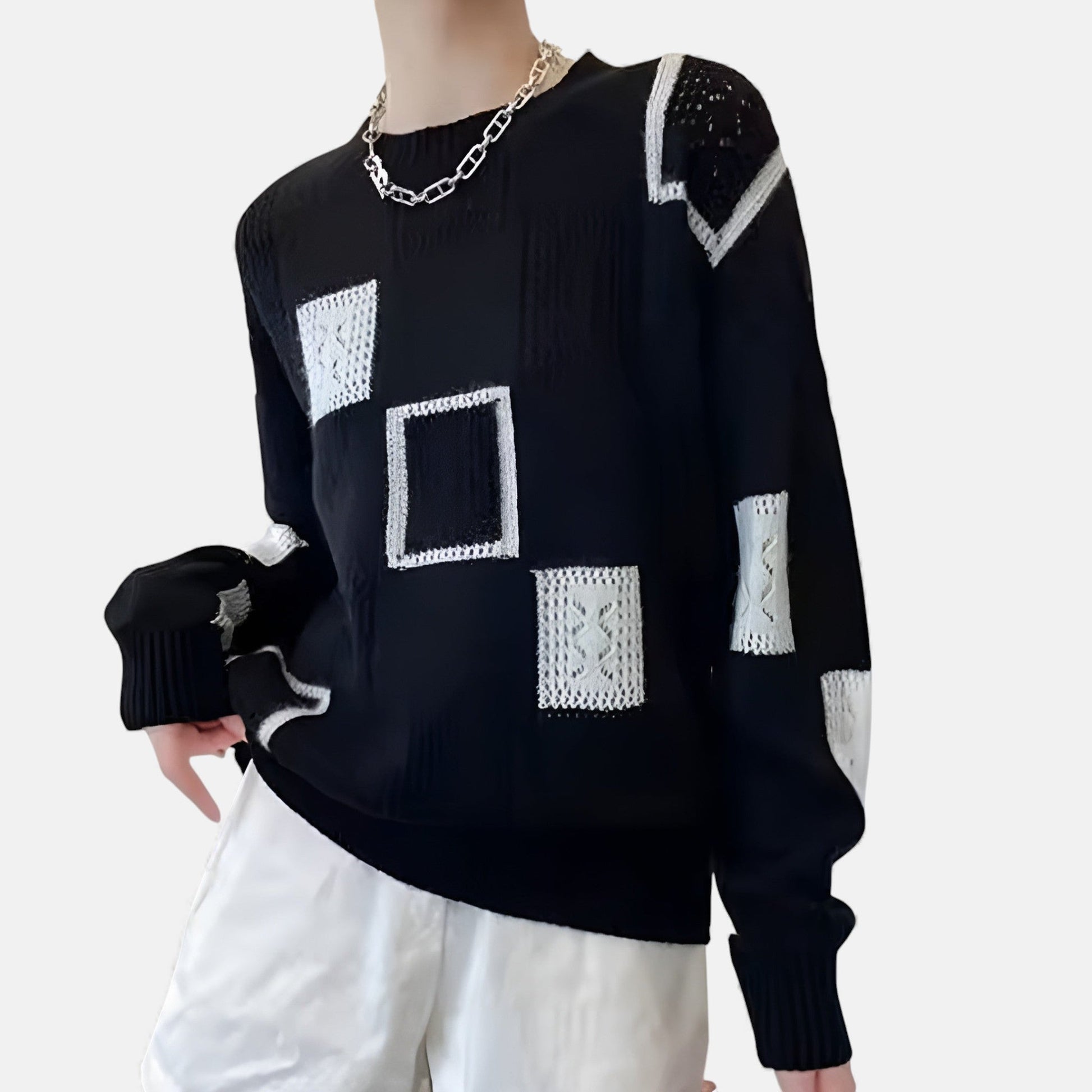 Alica elegant cozy knit sweater shown in white, black and yellow