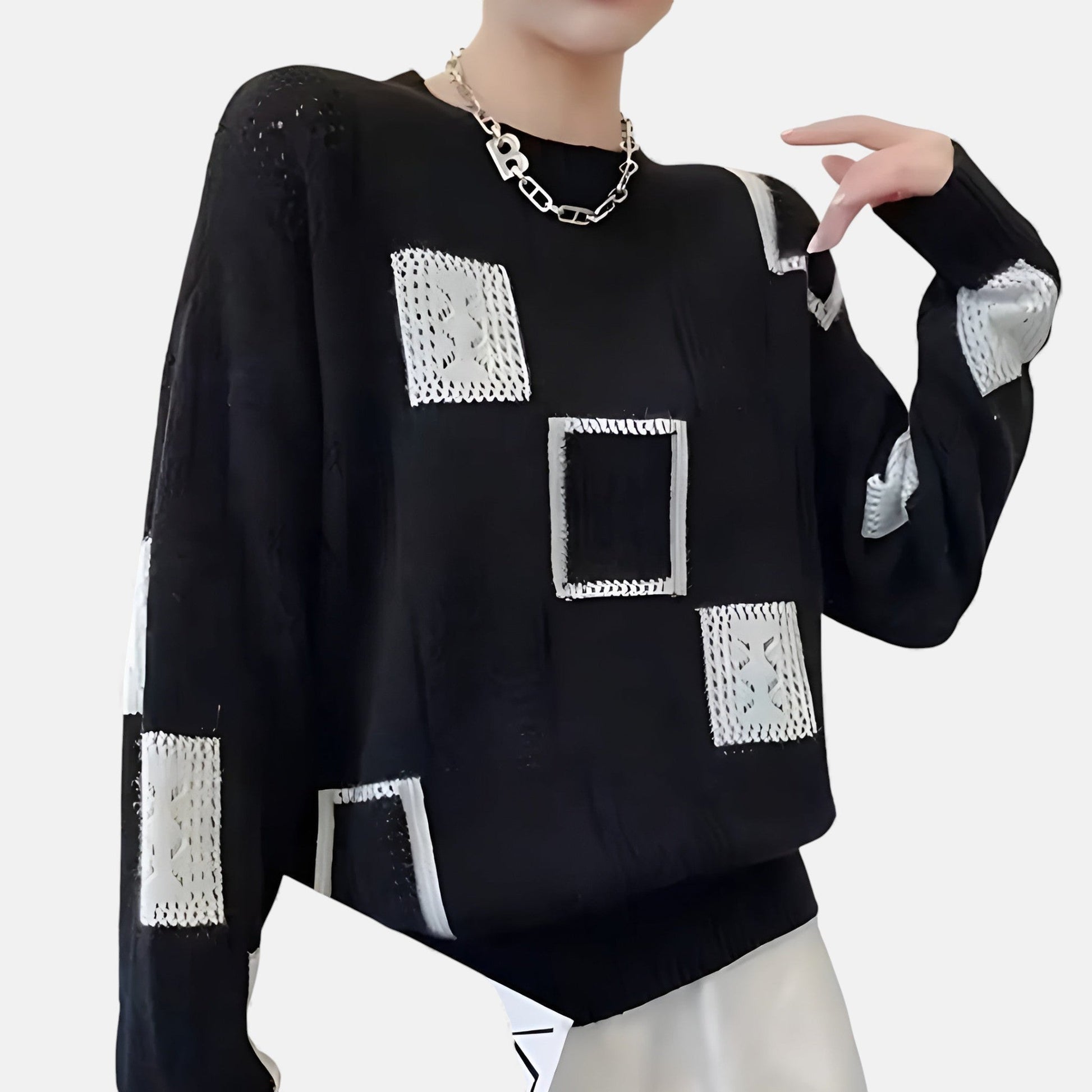 Alica elegant cozy knit sweater shown in white, black and yellow