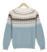 Mia relaxed knit jumper with ribbed cuffs shown in blue, grey and pink
