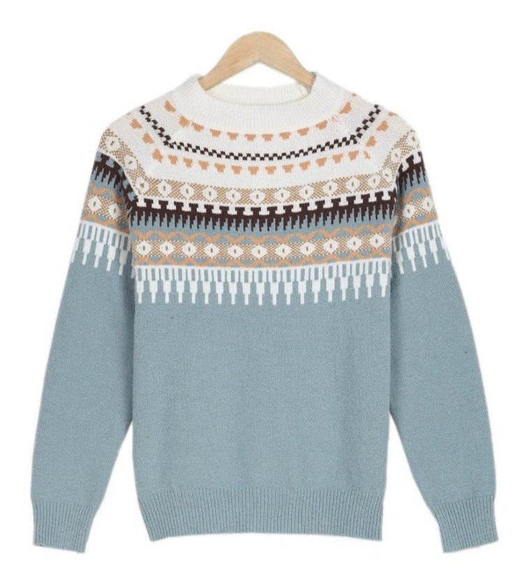 Mia relaxed knit jumper with ribbed cuffs shown in blue, grey and pink
