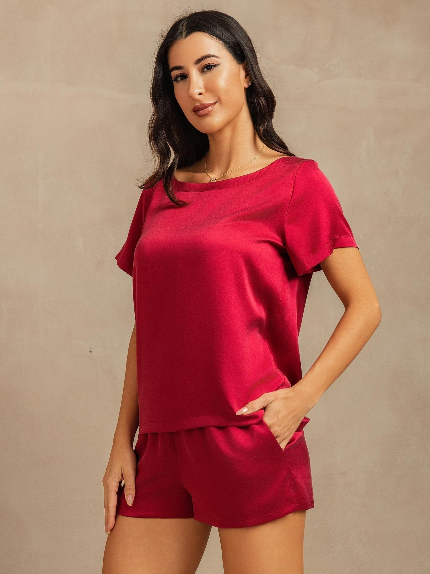 Mae soft mulberry silk pyjama set shown in an elegant matching top and bottom