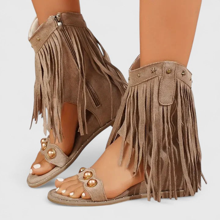 Giselina | Fringed Heeled Sandals with Side Zip