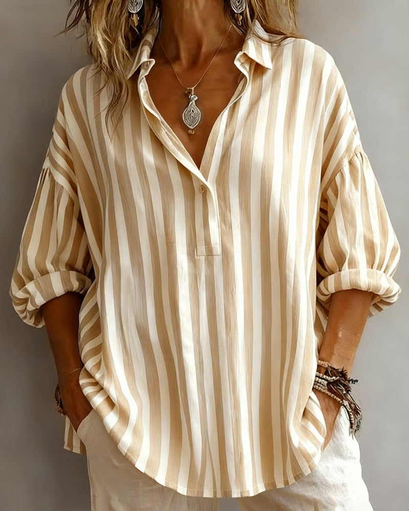 Deborah wide striped collared blouse shown in pink, gray and khaki