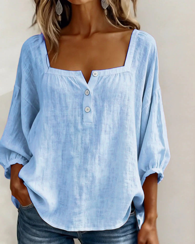Diane square neck lantern sleeve shirt shown in soft everyday colours
