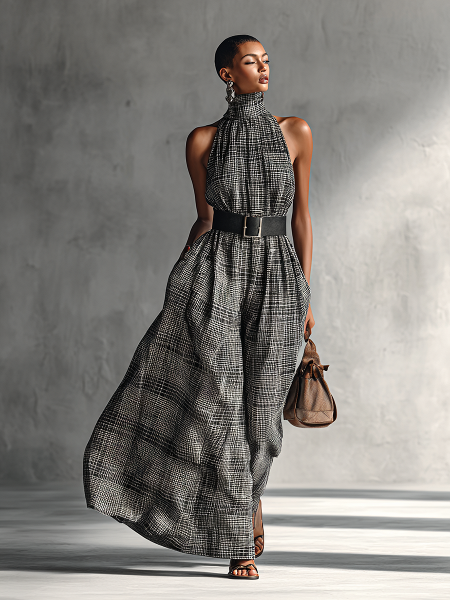 Gray plaid high collar sleeveless top for women, styled for warm-weather days