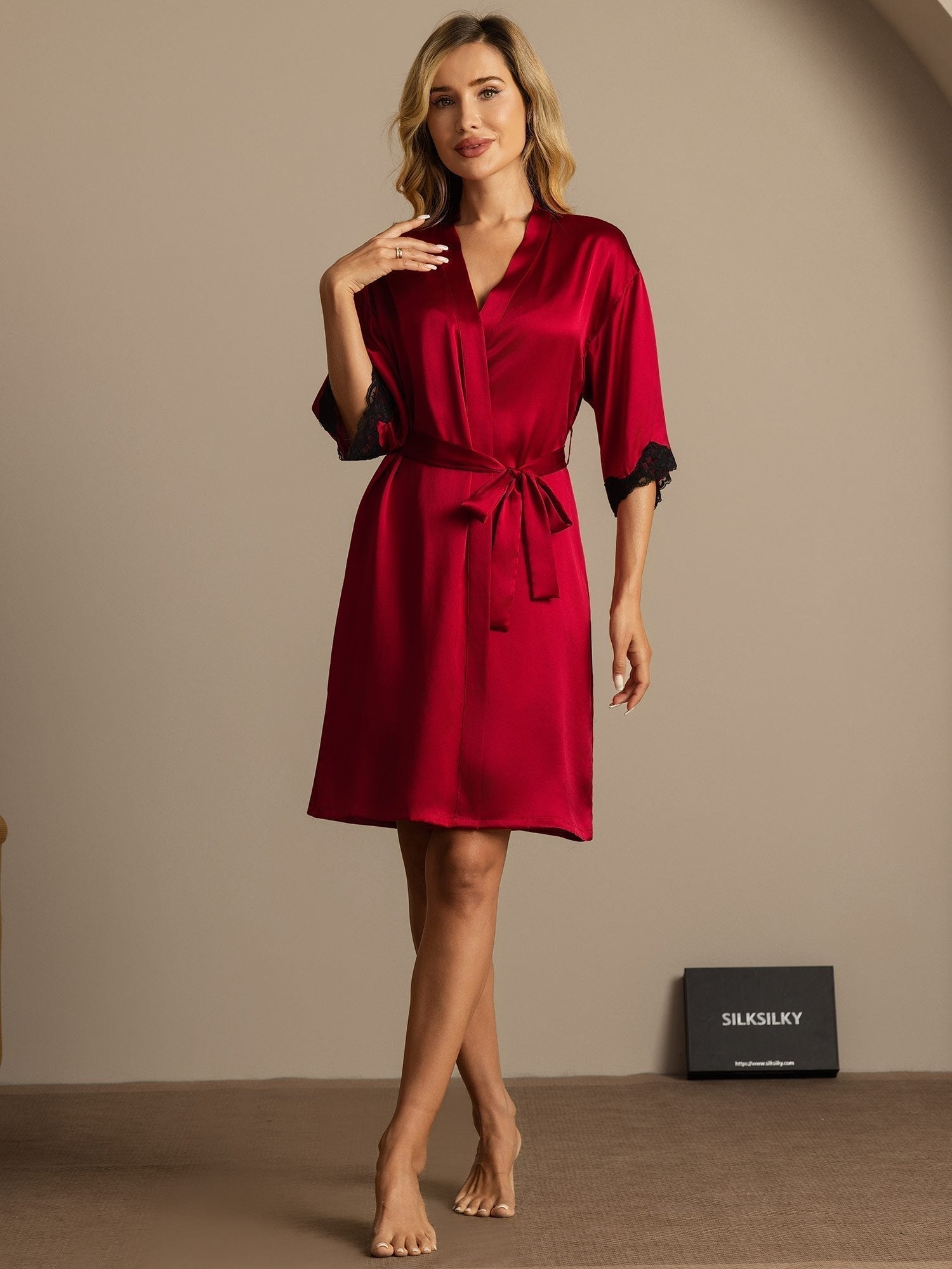 Lola pure mulberry silk dressing gown shown in wine red, black, dark blue and mauve grey