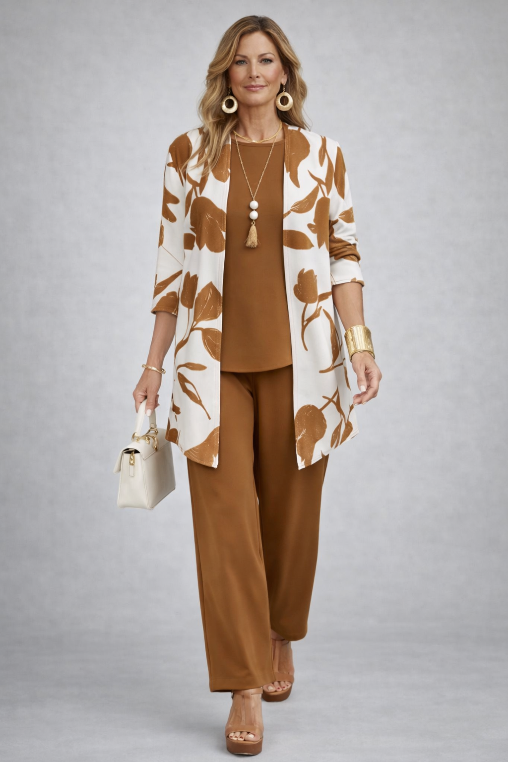 Esmeray brown coordinated three-piece set styled together as a complete outfit