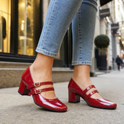 Corinne patent block heel Mary Janes